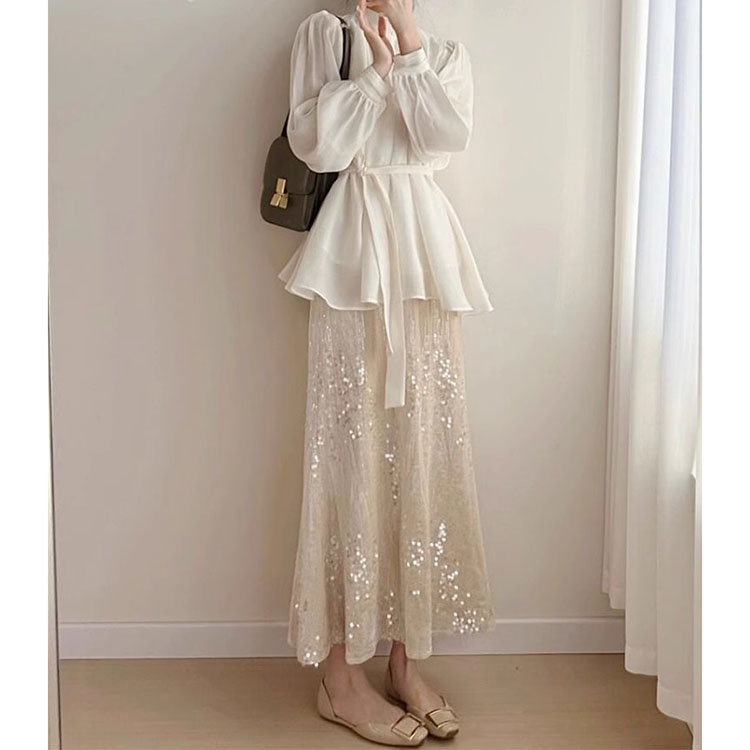 韓繫穿搭一整套時尚鹽繫襯衫+小香風亮片裙子套裝