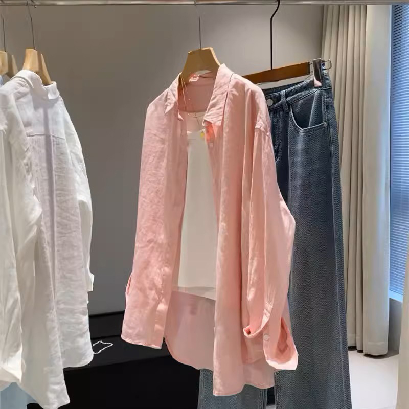 100%亞麻寬鬆透氣鬆弛輪廓休閒襯衫（4色）