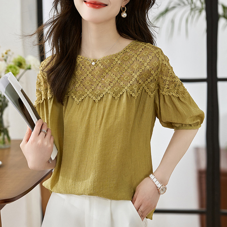 通勤時尚百搭拼接寬鬆短袖雪紡蕾絲襯衫