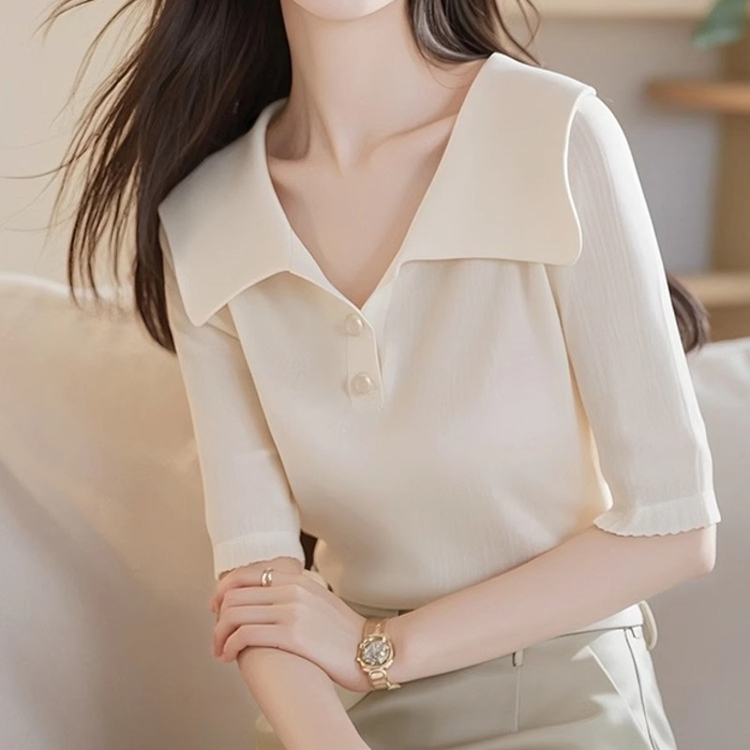設計感翻領薄款冰絲半袖針織衫