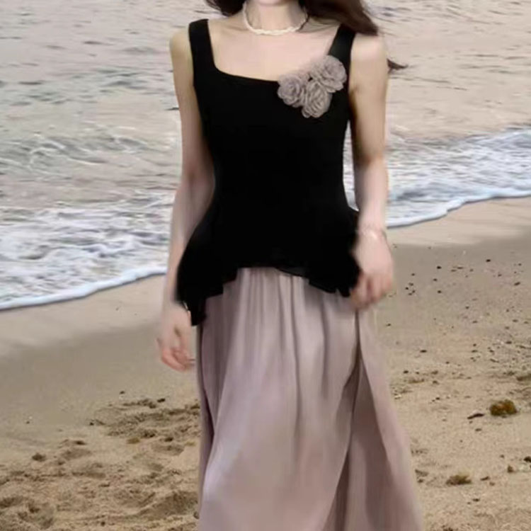 溫柔風套裝不規則無袖上衣+紫色飄逸半裙