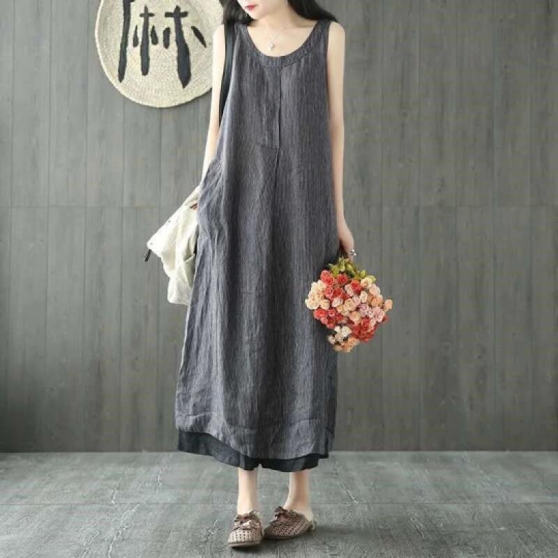 文藝復古條紋寬鬆無袖休閒棉麻連身裙