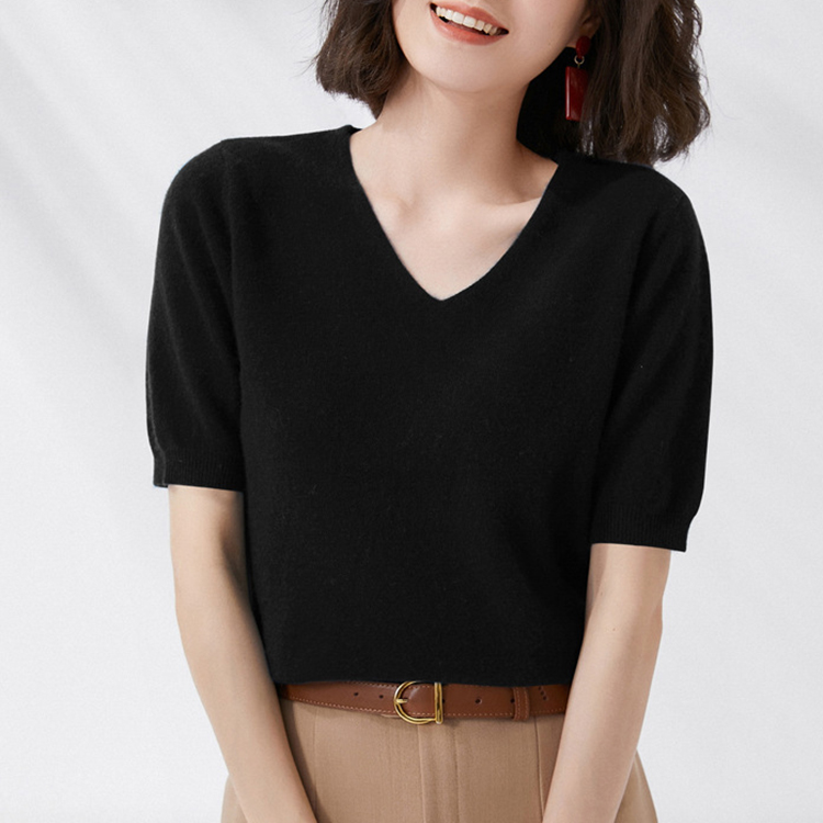 新款修身V領純色顯瘦五分袖針織打底短袖