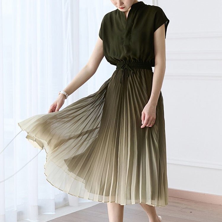 漸變色百褶飄逸蕾絲連衣裙