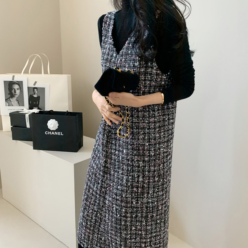 日韓係小香風粗花呢無袖背心連衣裙