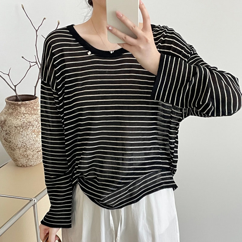 韓國版寬鬆圓領百搭條紋防曬罩衫針織衫