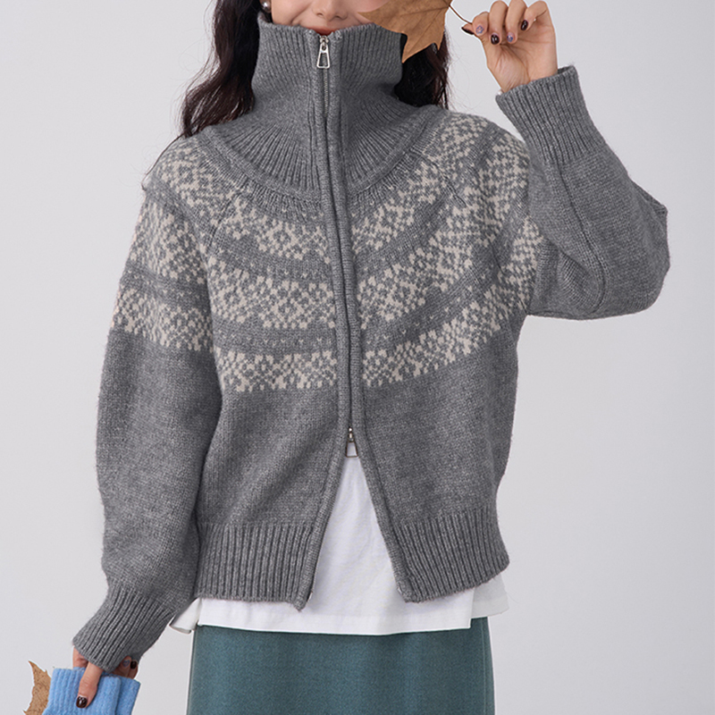 費爾島提花拉鏈針織開衫毛衣外套