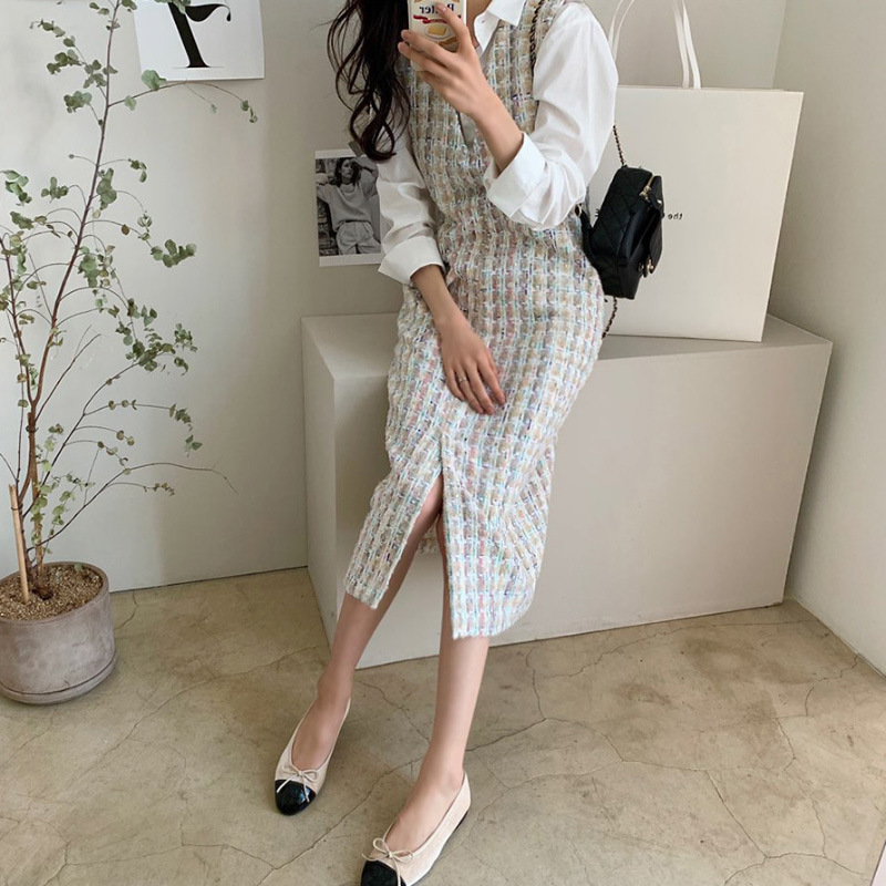 日韓係小香風粗花呢無袖背心連衣裙