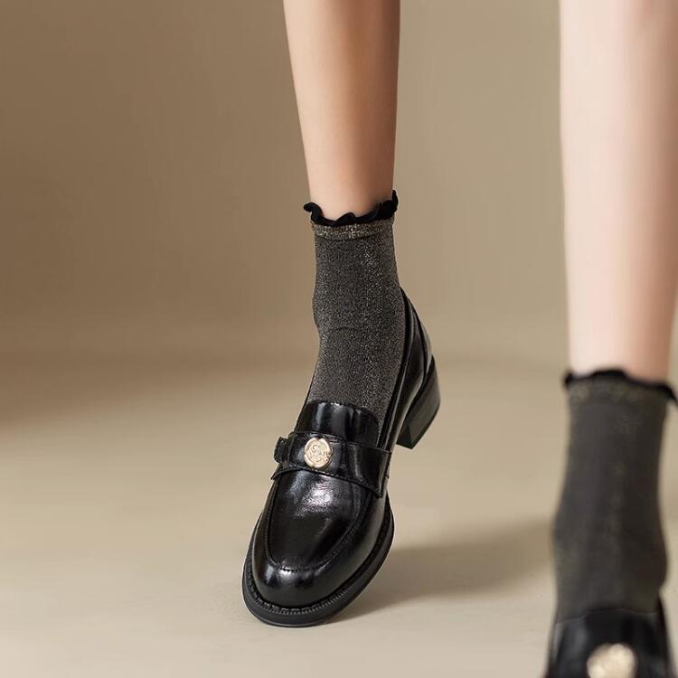 法式復古英倫山茶花軟皮小皮鞋