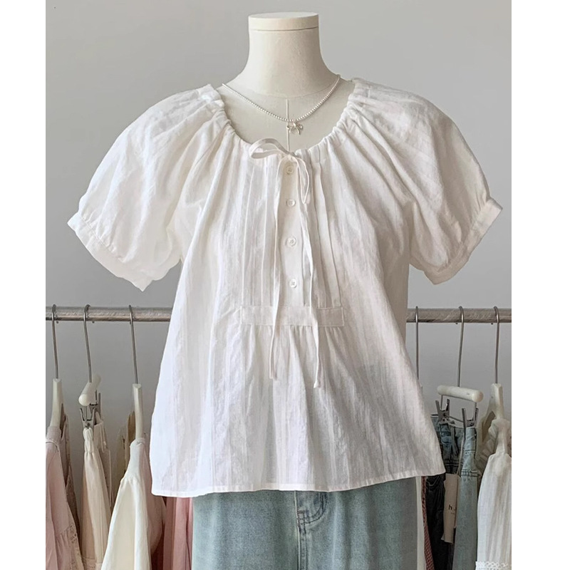 韓系棉麻娃娃領抽繩褶皺繫帶襯衫