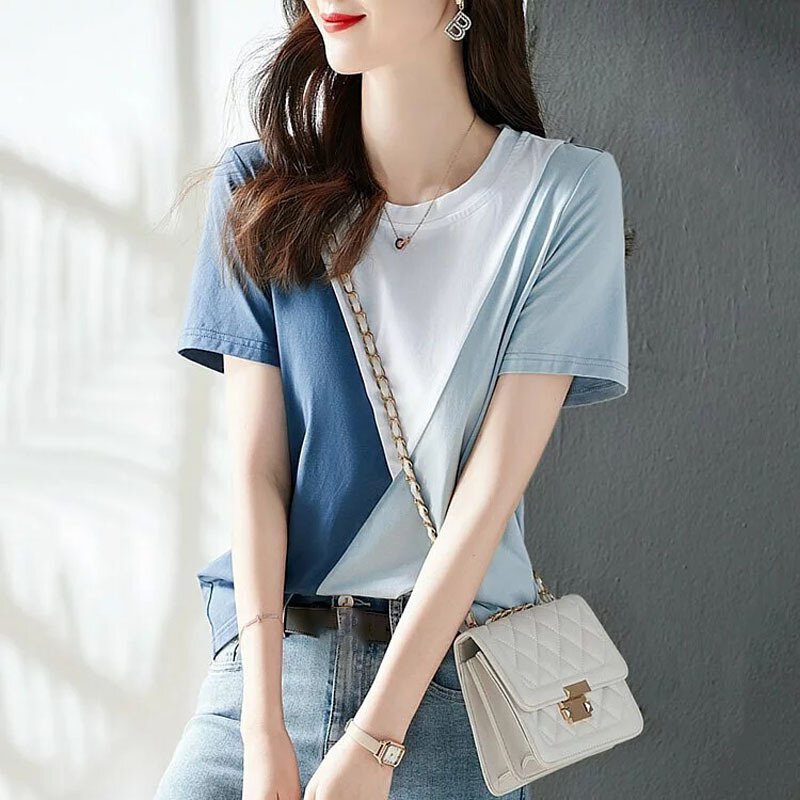 時尚百搭拼接顯瘦短袖T恤
