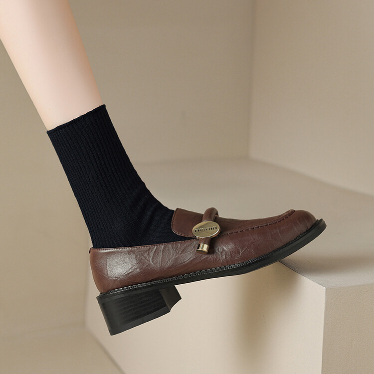 法式粗跟通勤百搭軟底樂福鞋