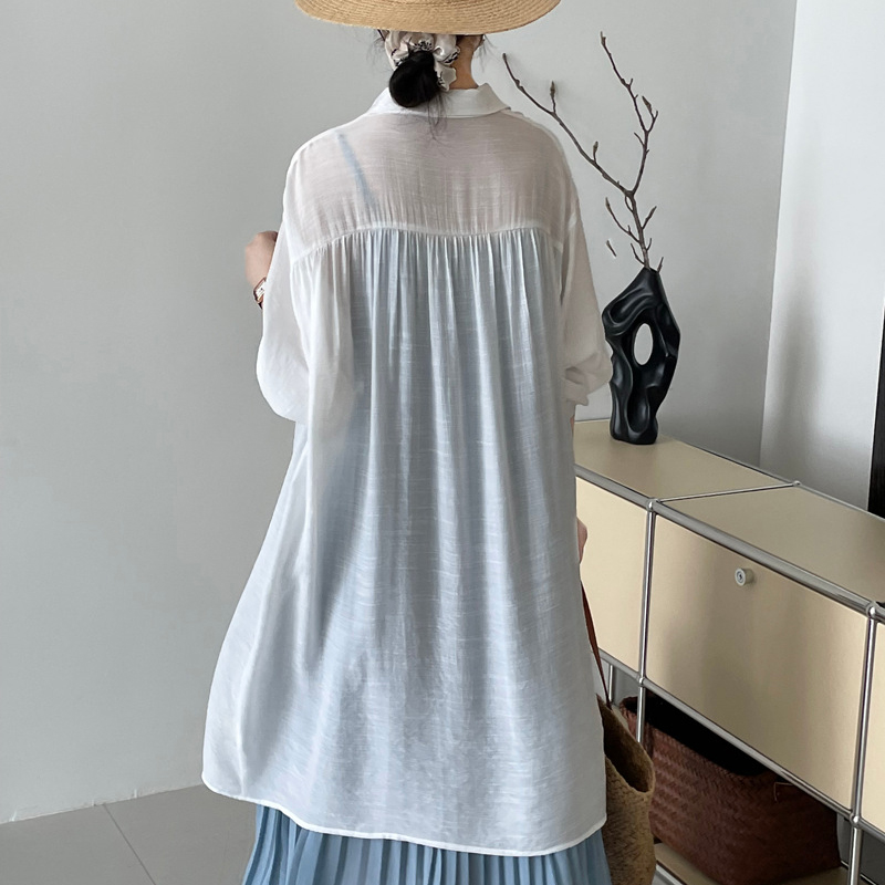 法式慵懶風寬鬆翻領微透長防曬開襟衫