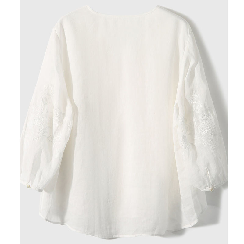 日系休閒薄款舒適透氣v領刺繡輪廓襯衫