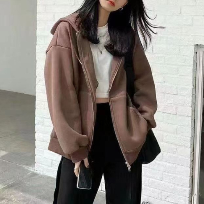 爆款韓系慵懶風休閒拉鍊連帽衛衣外套