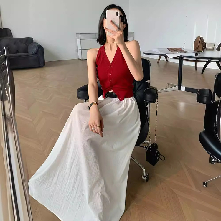 復古紅色無袖針織背心修身顯瘦短版辣妹上衣