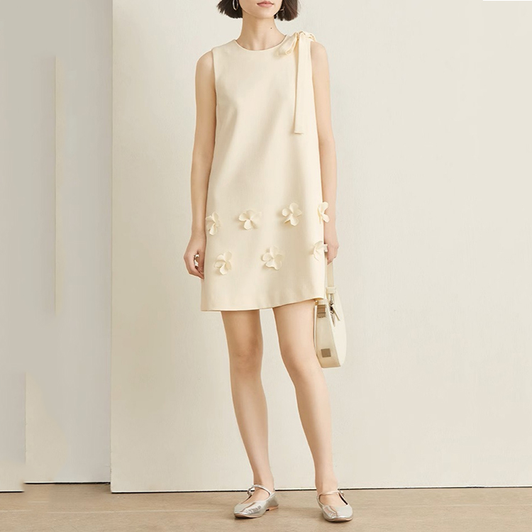 韓系高級感圓領無袖蝴蝶結立體花朵連身裙