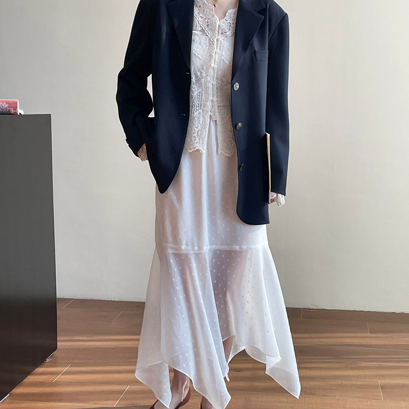 韓系氛圍感白色波點不規則紗裙