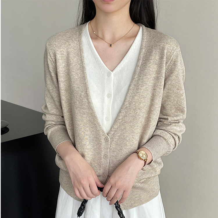 春秋簡約氣質V領假兩件針織開襟衫