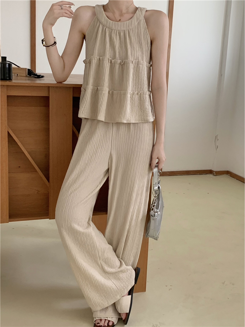 日系休閑掛脖花邊壓褶背心上衣+闊腿褲套裝（4色）
