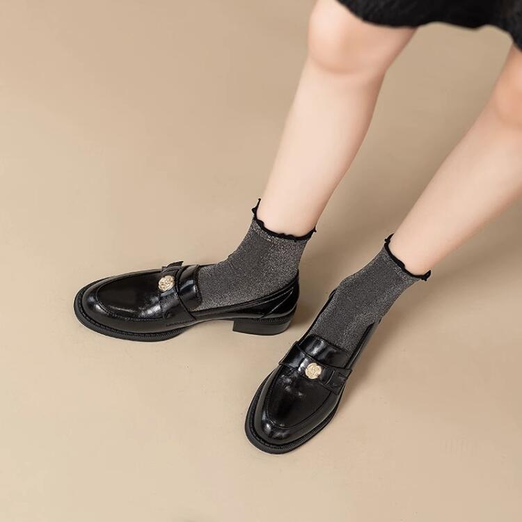 法式復古英倫山茶花軟皮小皮鞋