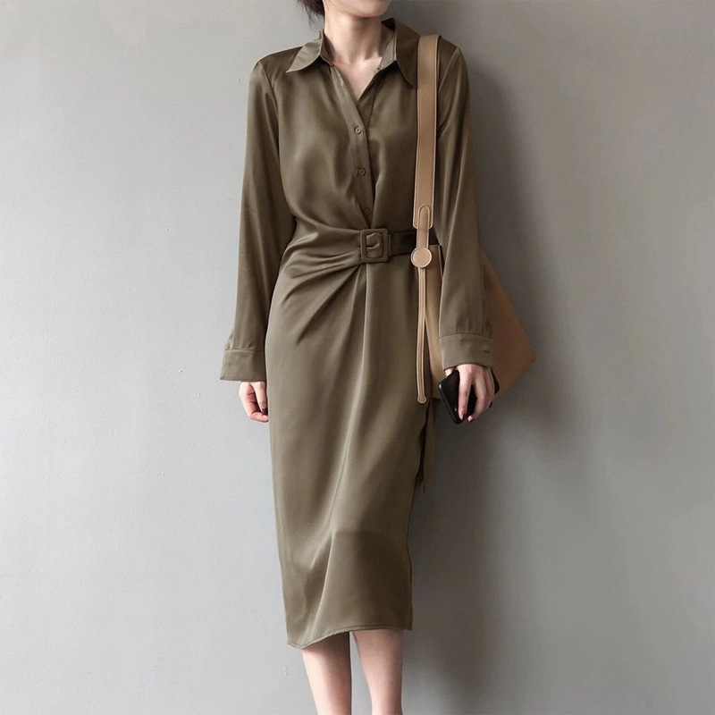 高端設計感緞面襯衣長袖連衣裙