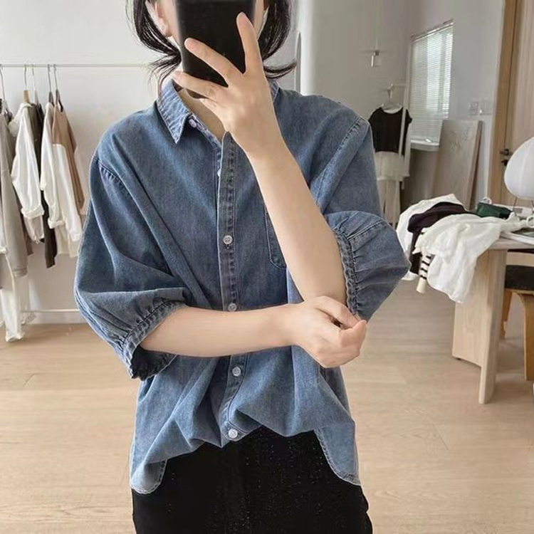 日系復古小眾設計感燈籠袖牛仔襯衫