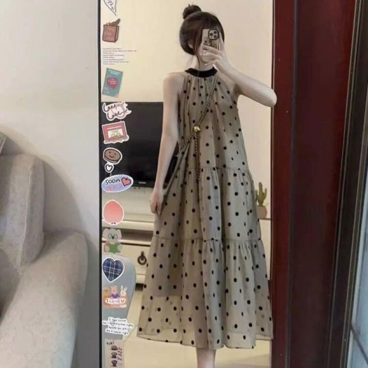 法式小香風波點氣質茶歇涼爽掛脖連身裙