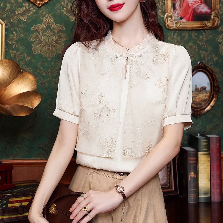 中式復古氣質顯瘦立領木耳邊歐根紗刺繡印花拼接短袖雪紡衫