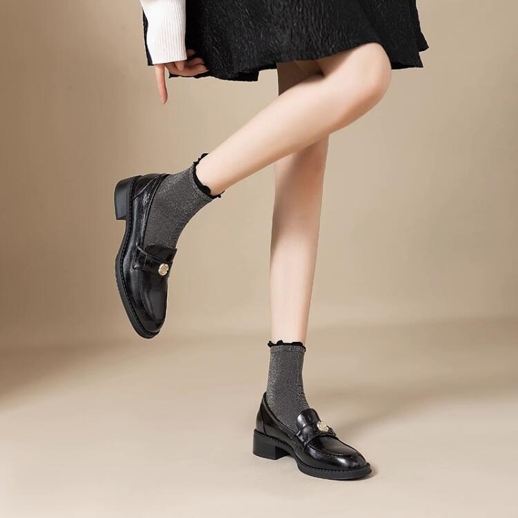 法式復古英倫山茶花軟皮小皮鞋