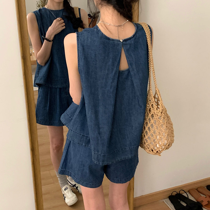 日系百搭小個子牛仔背心+鬆緊腰短褲套裝