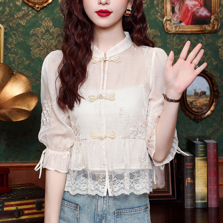 時尚中式國風繡花盤扣泡泡袖短袖襯衫