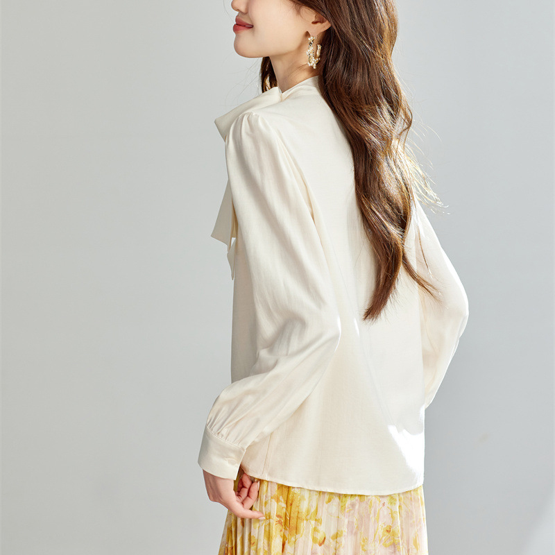 春季新款法式設計感蝴蝶結長袖雪紡襯衫