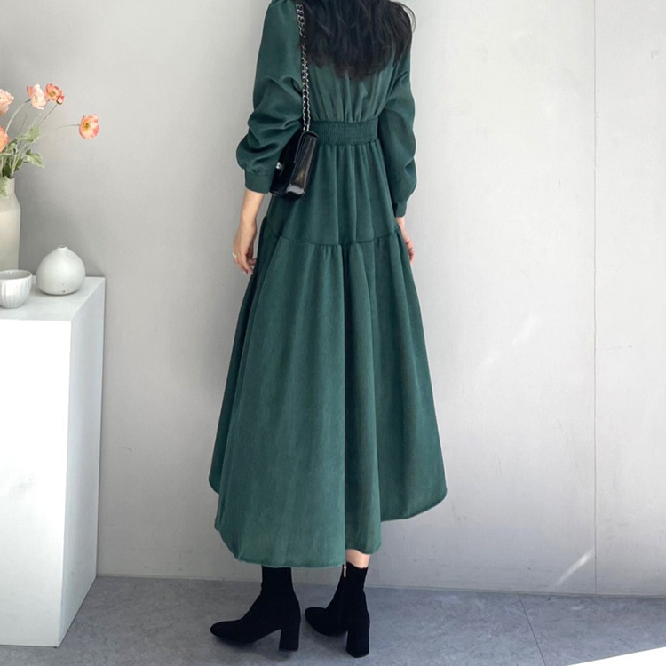 秋冬新款法式優雅V領氣質長連身裙