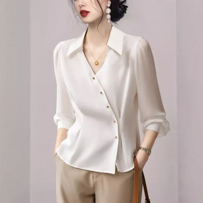 燈籠袖斜門襟顯瘦OL襯衫