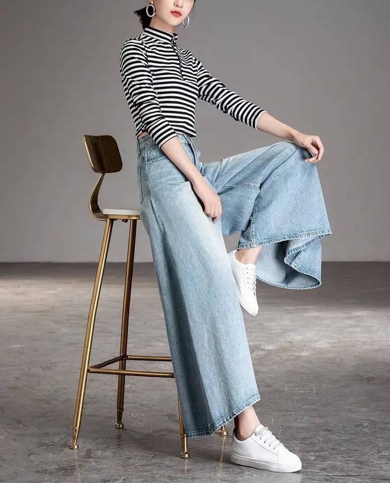 文藝復古牛仔高腰闊腿裙褲