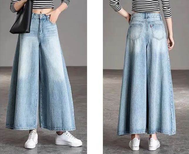 文藝復古牛仔高腰闊腿裙褲