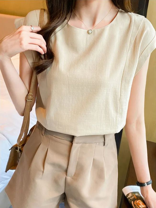 氣質通勤風小飛袖棉麻T恤（三色可選）