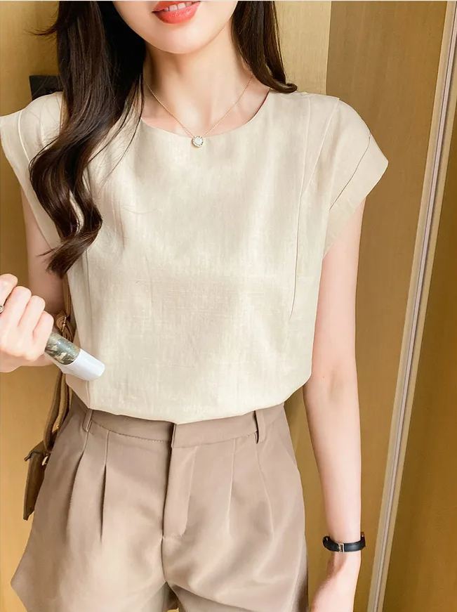 氣質通勤風小飛袖棉麻T恤（三色可選）