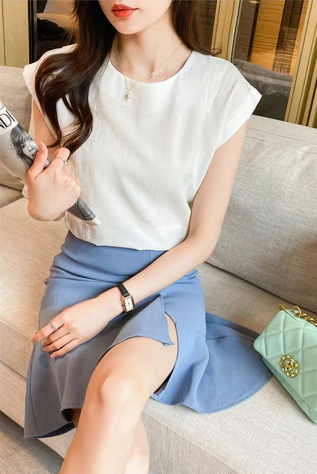 氣質通勤風小飛袖棉麻T恤（三色可選）