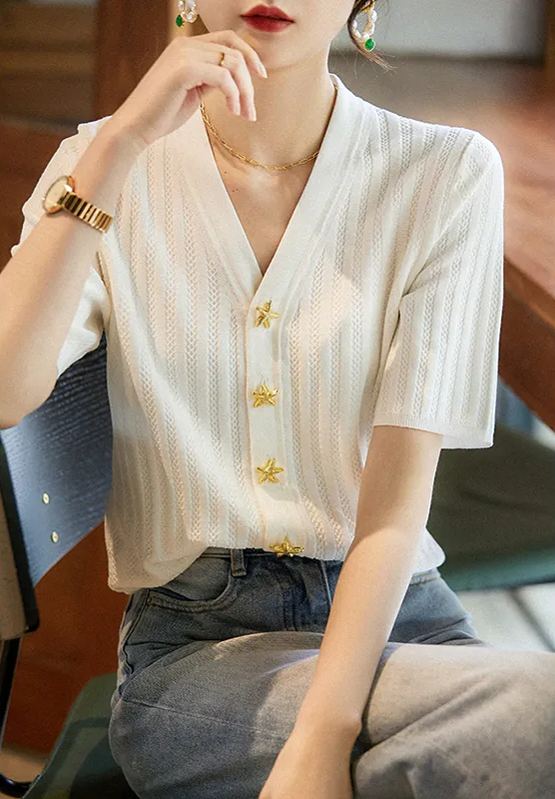 新款海星金扣豎條紋冰絲短袖