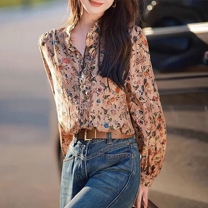 仿真絲印花休閒上衣