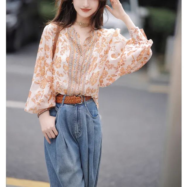 洋氣高級感仿真絲顯瘦碎花上衣