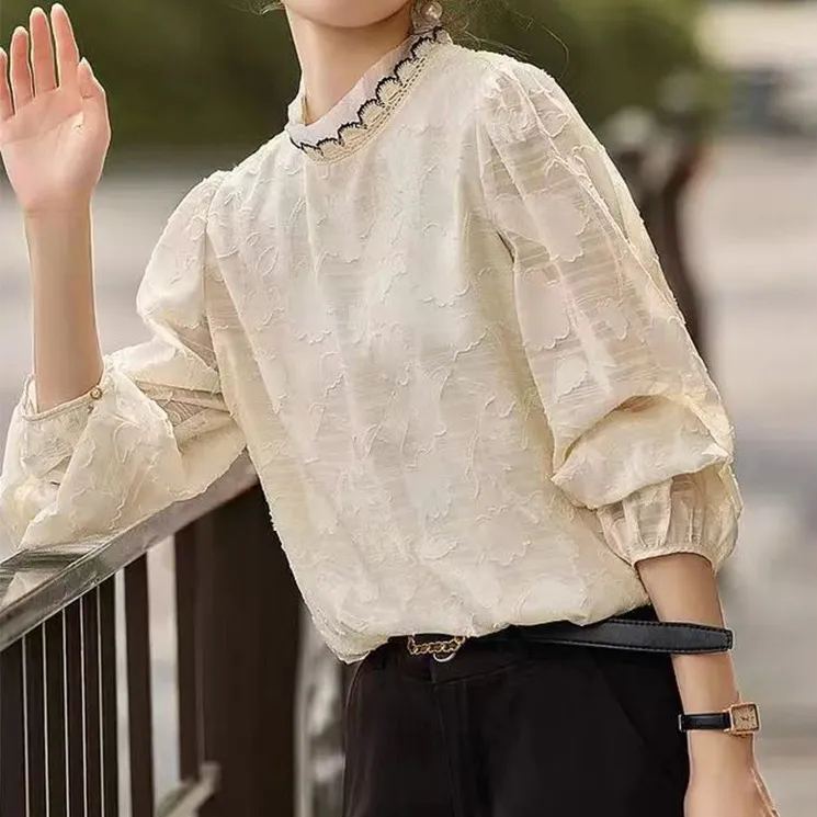 立領燈籠袖法式編織蕾絲襯衫