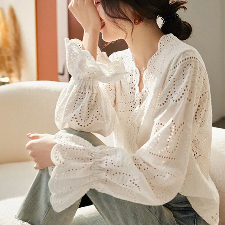法式鏤空繡棉襯衫