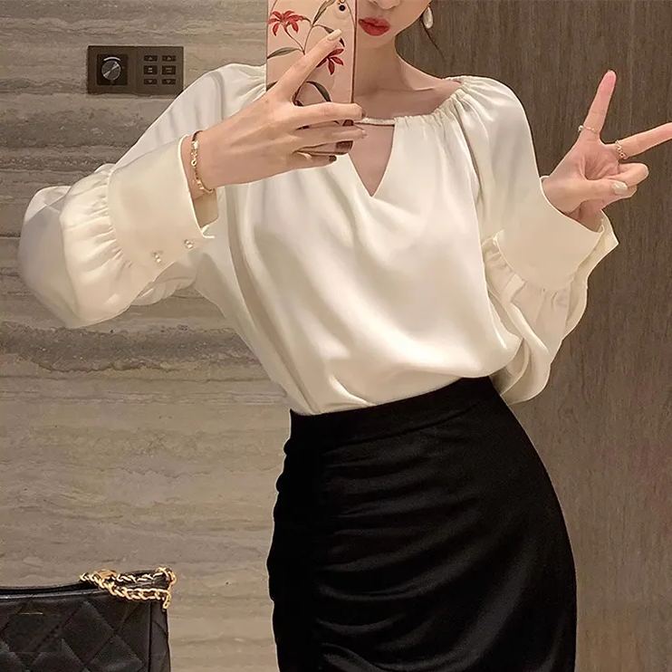 法式緞面長袖襯衫