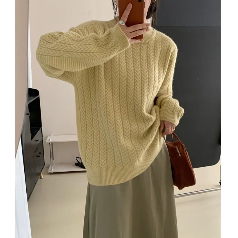 韓版設計版慵懶休閒百搭麻花加厚套頭毛衣