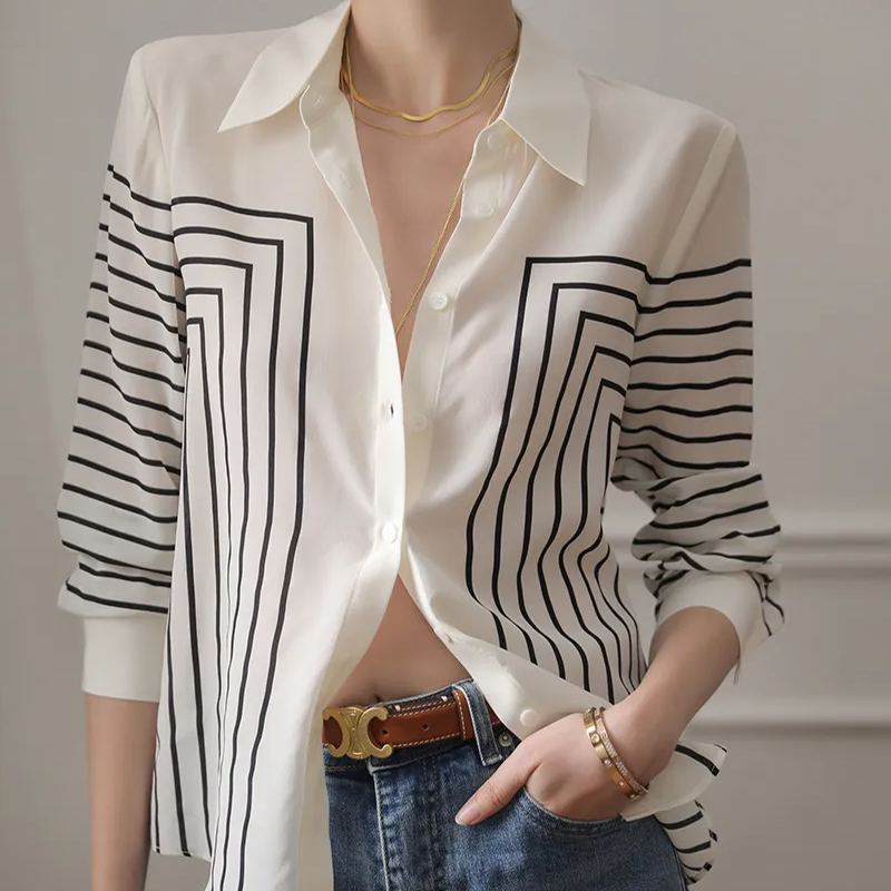 寬鬆復古時尚休閒氣質條紋長袖上衣