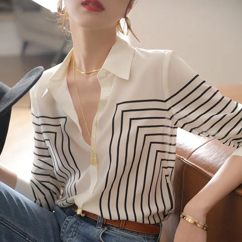 寬鬆復古時尚休閒氣質條紋長袖上衣