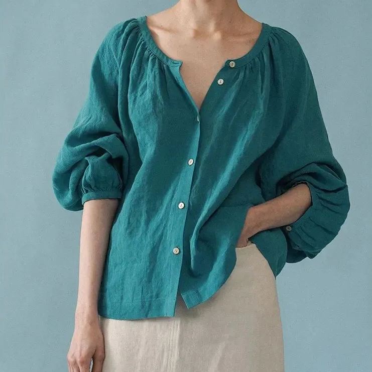 麻棉兩色領圈抽褶休閒襯衫